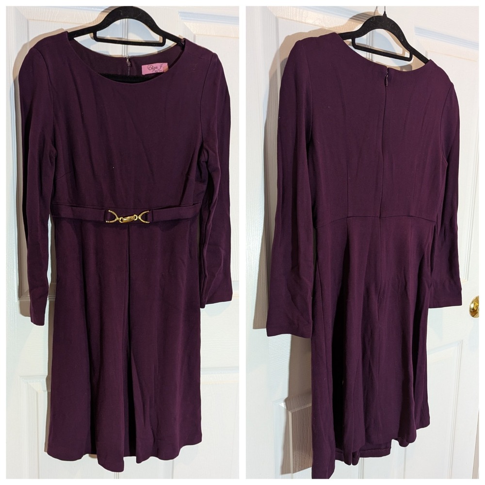 Vintage Quiet Luxury Plum Fit & Flare Dress Gold Horsebit Buckle Eliza J 8